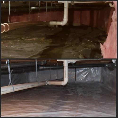 Before and after crawlspace encapsulation with vapor barrier installed
