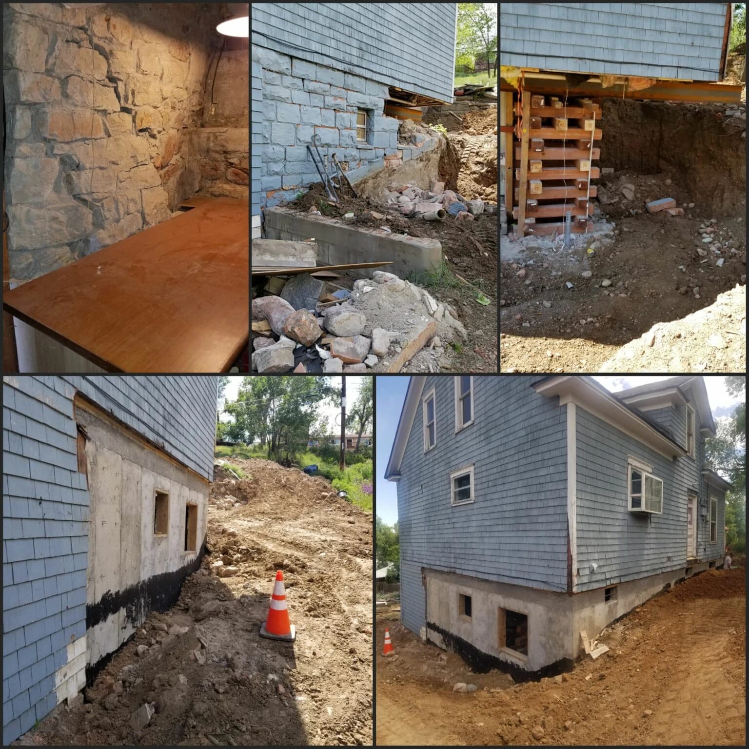 Foundation replacement project showing excavation, shoring, and new concrete work